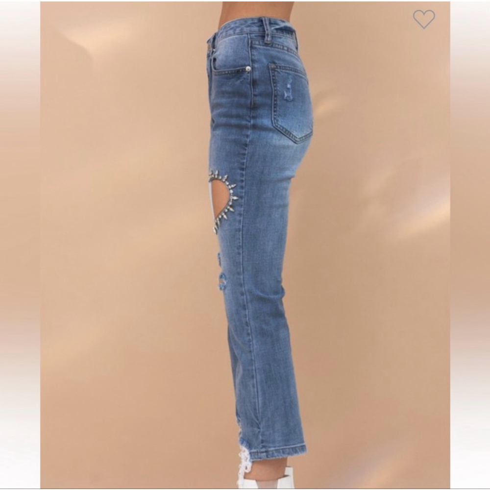 Blue B Ankle Cropped Jeans with Heart Cutout and rhinestones - Picture 4 of 4